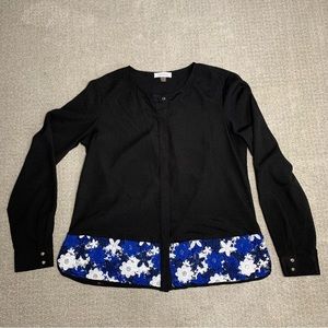 Calvin Klein Blue White Lace Hem Black Button Front Shirt Blouse, Medium